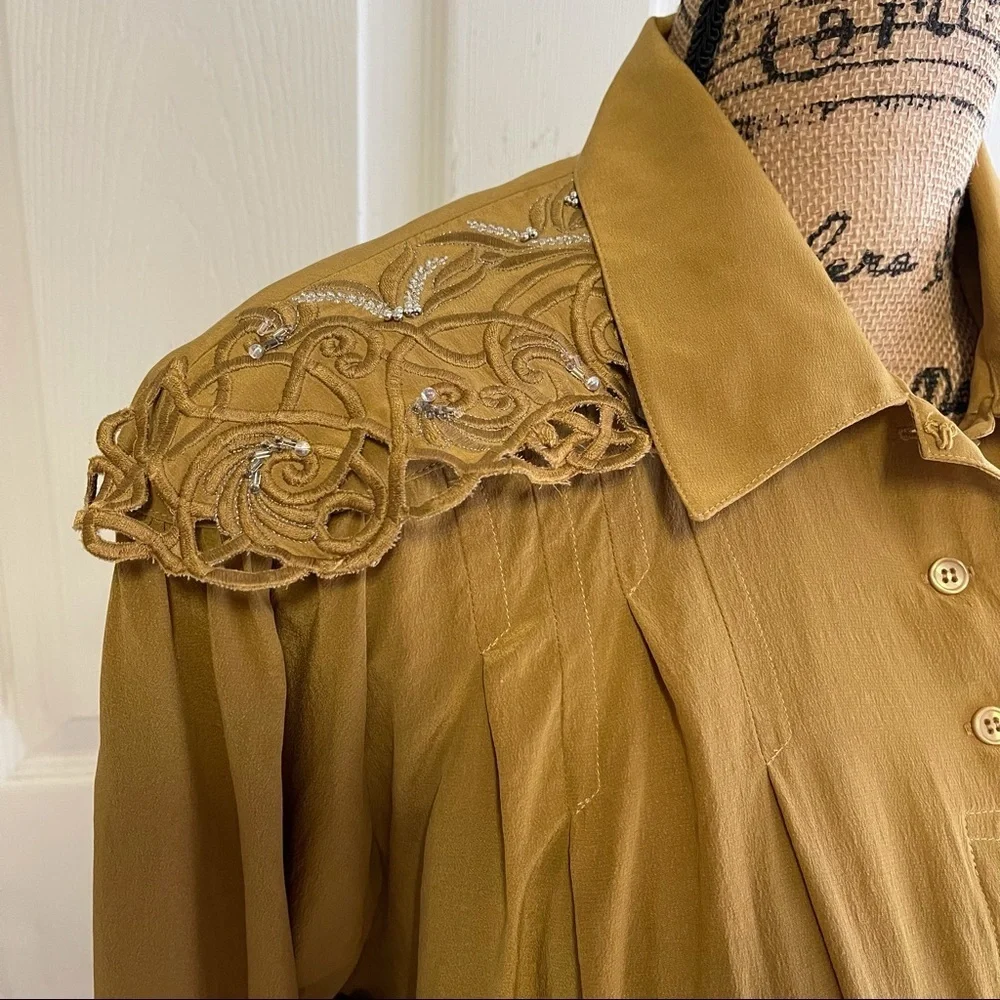 Le Painty Paris Pure Silk Shirt Embroidery Silk Top Office Wear Embellished